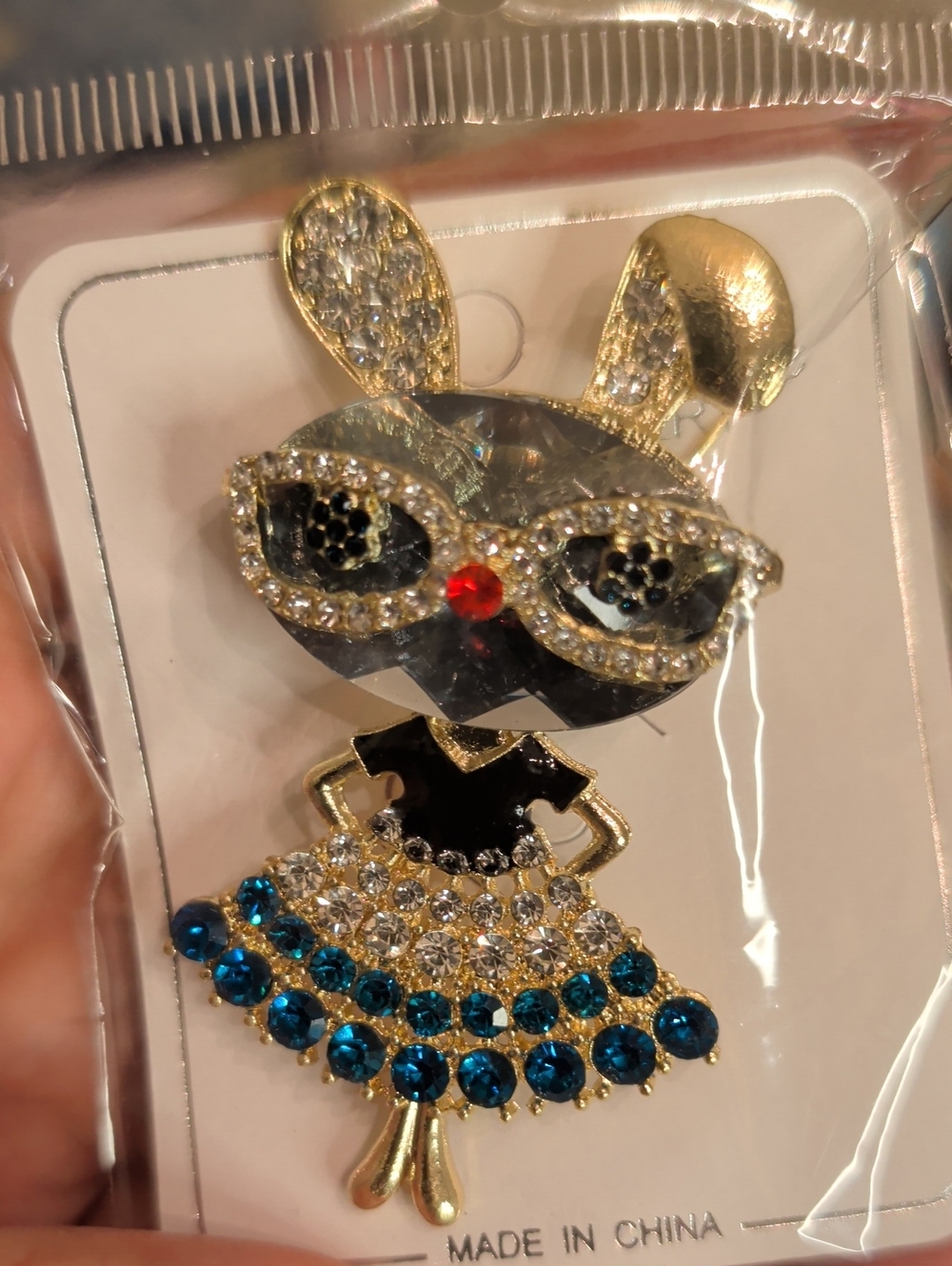 Crystal Bunny Brooch Pin in Gold with Blue and Clear Stones